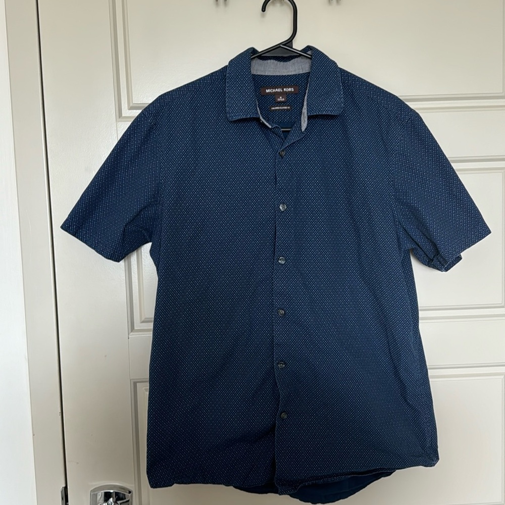 Navy Blue White Dotted Michael Kors Short Sleeve Button Down Medium Classic Fit
